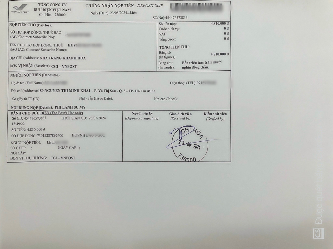 Biên lai đóng phí gia hạn visa Mỹ qua đường bưu điện